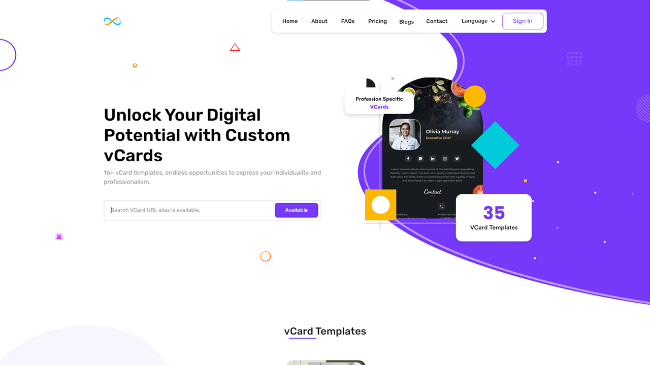 Infy vCard Saas : Digital Business Card Builder landing page screenshot