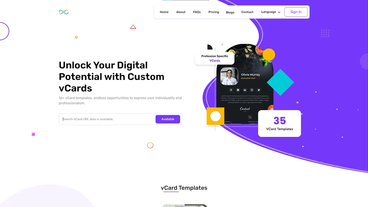 Infy vCard Saas : Digital Business Card Builder landing page screenshot