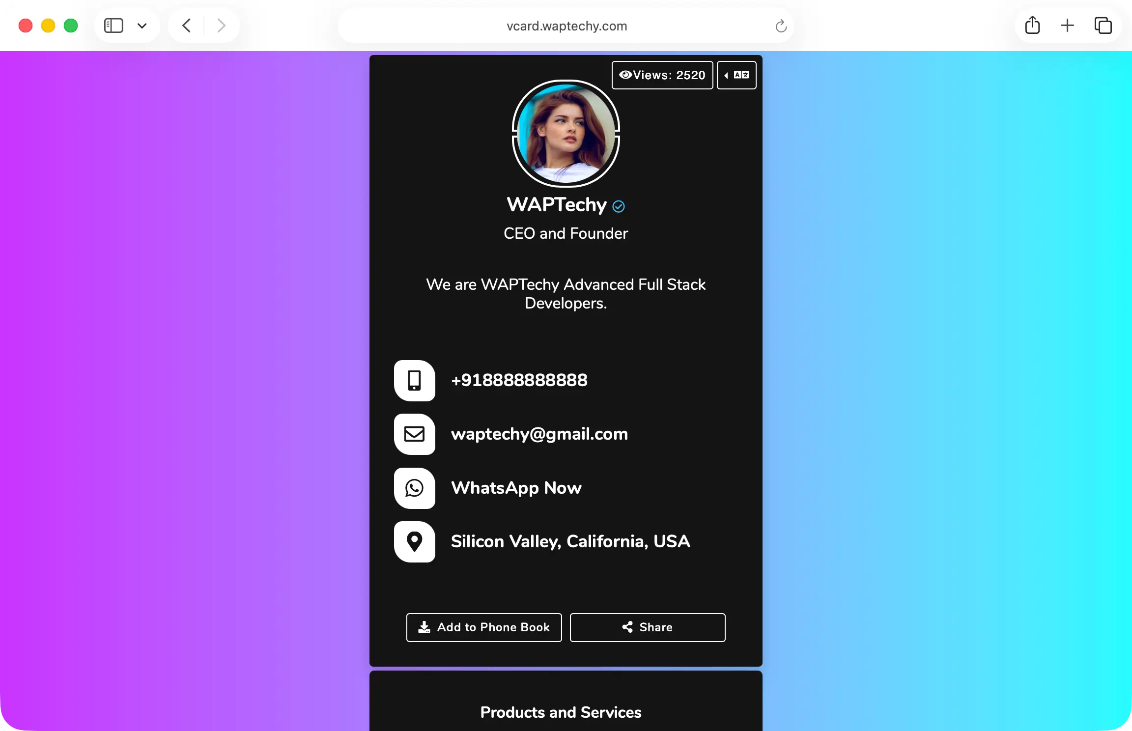 vCard SaaS - Digital Business Card Builder vcard page demo screenshot
