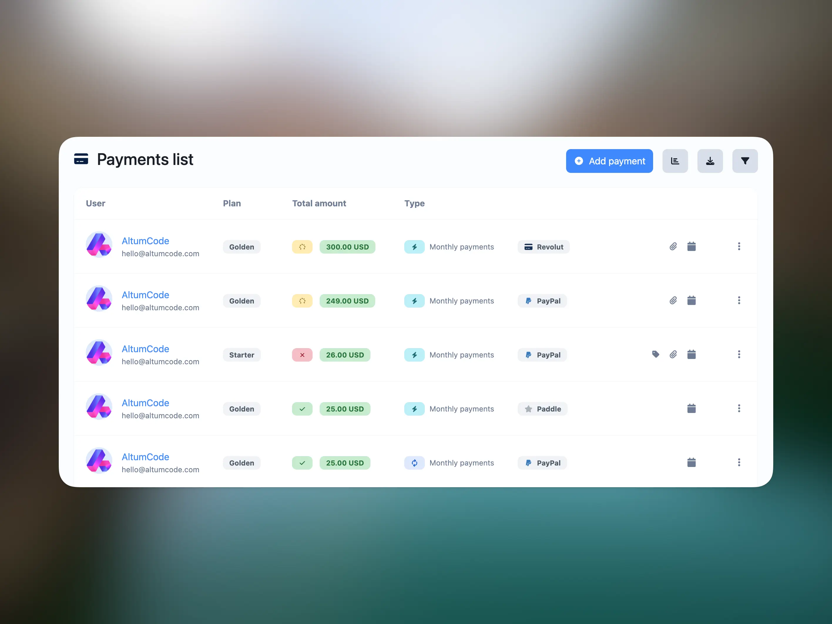 66vcard admin panel showing the last payments through the SaaS extended license