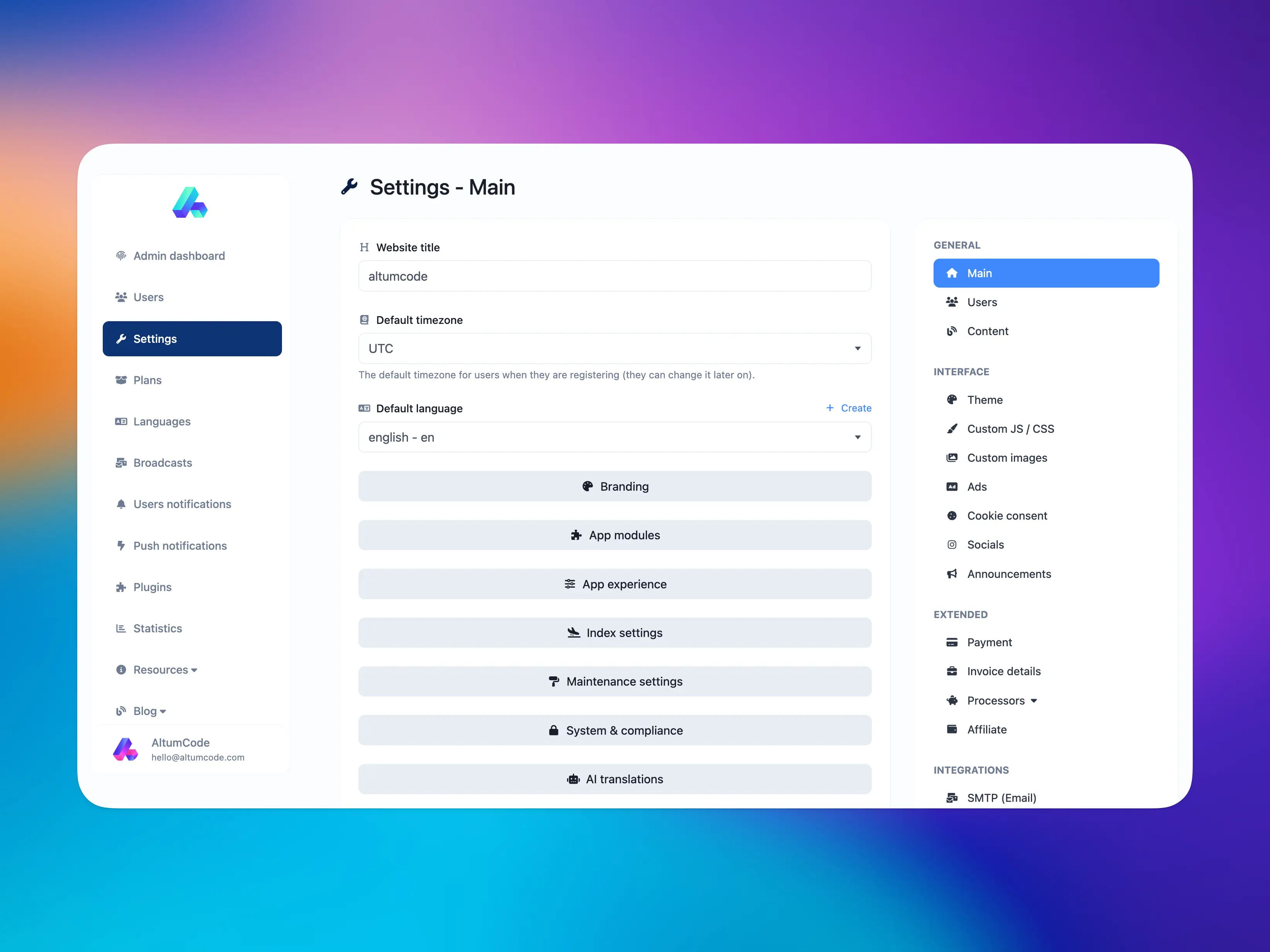 66vcard admin panel showing the main settings page