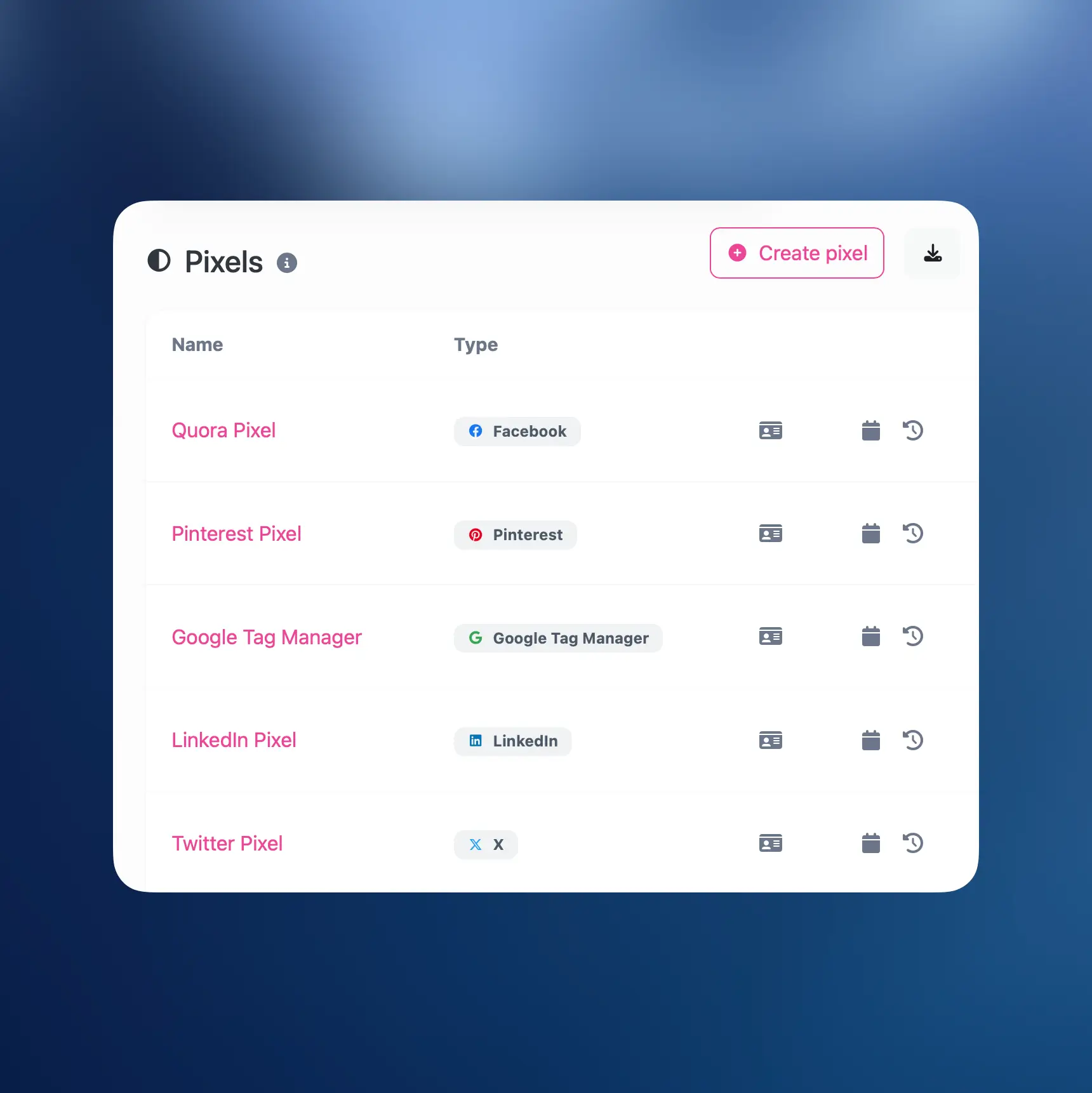 66vcard tracking pixels page displaying a few integrations