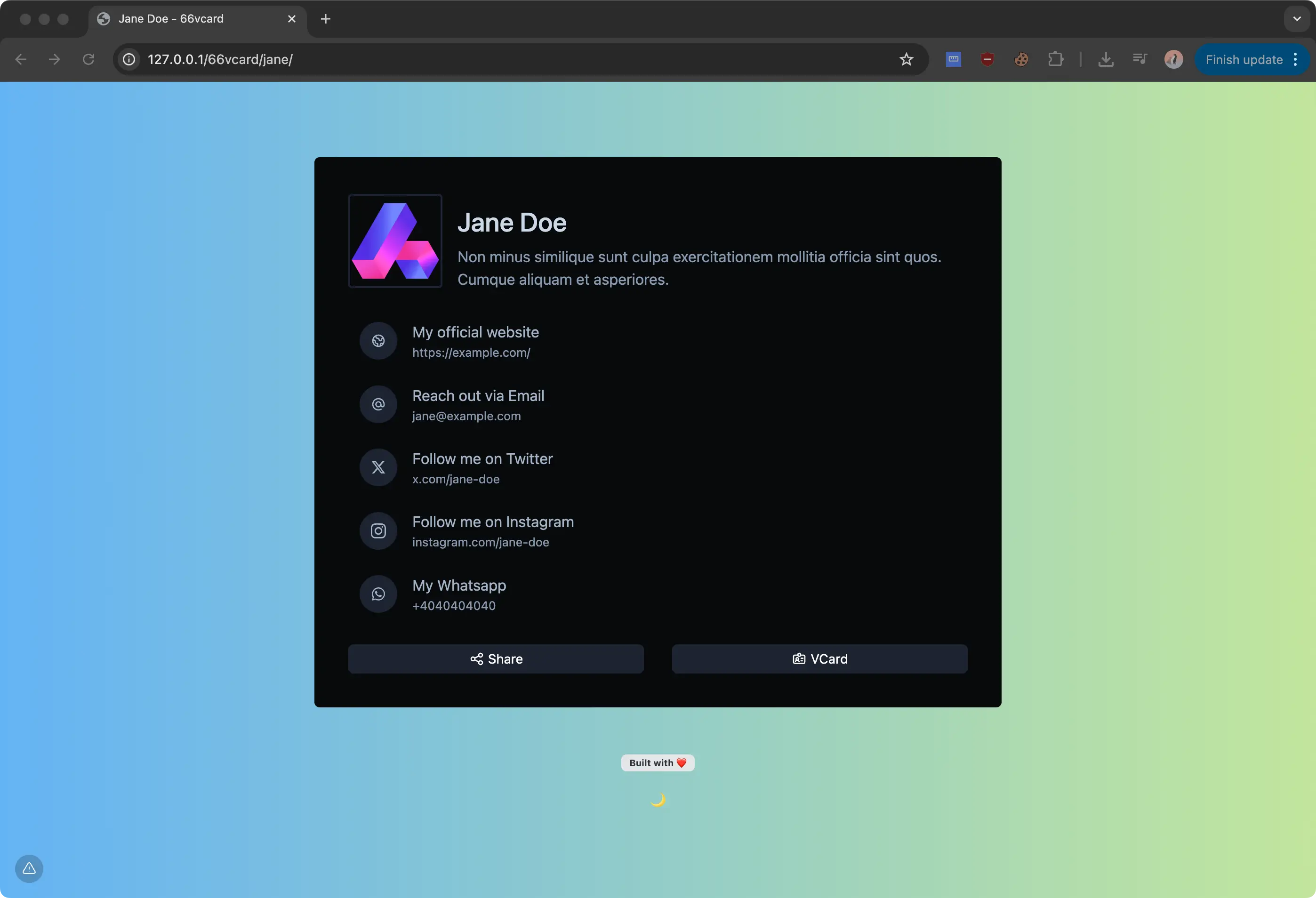 66vcard example vcard page