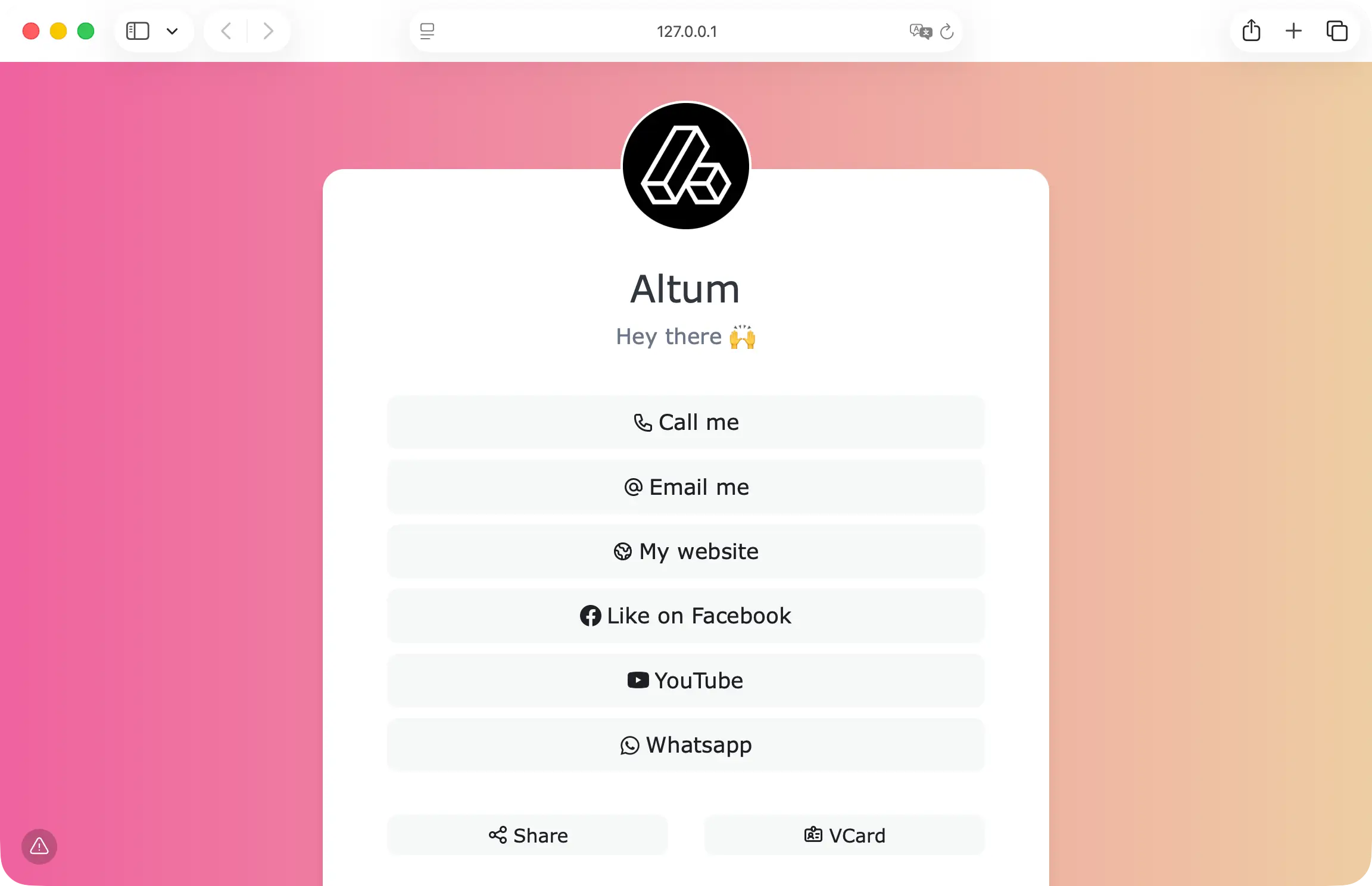66vcard screenshot showing an example of a built-in vcard page theme