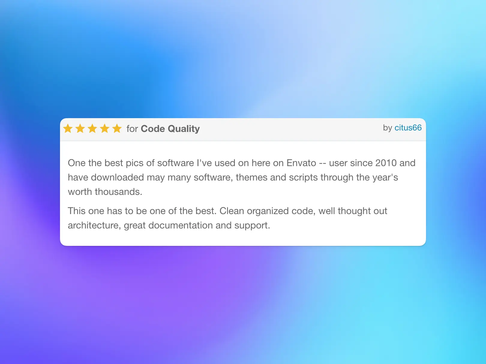66vcard customer review praising code quality, documentation and support